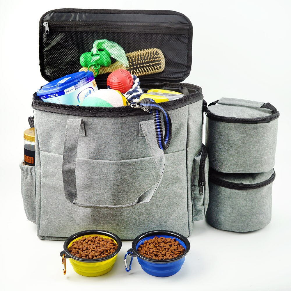Pet Travel Carrying Bag with Snack Storage & Collapsible Bowl